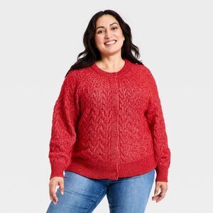 Women's Button-Front Cable Knit Cardigan Sweater - Ava & Viv Red XXL